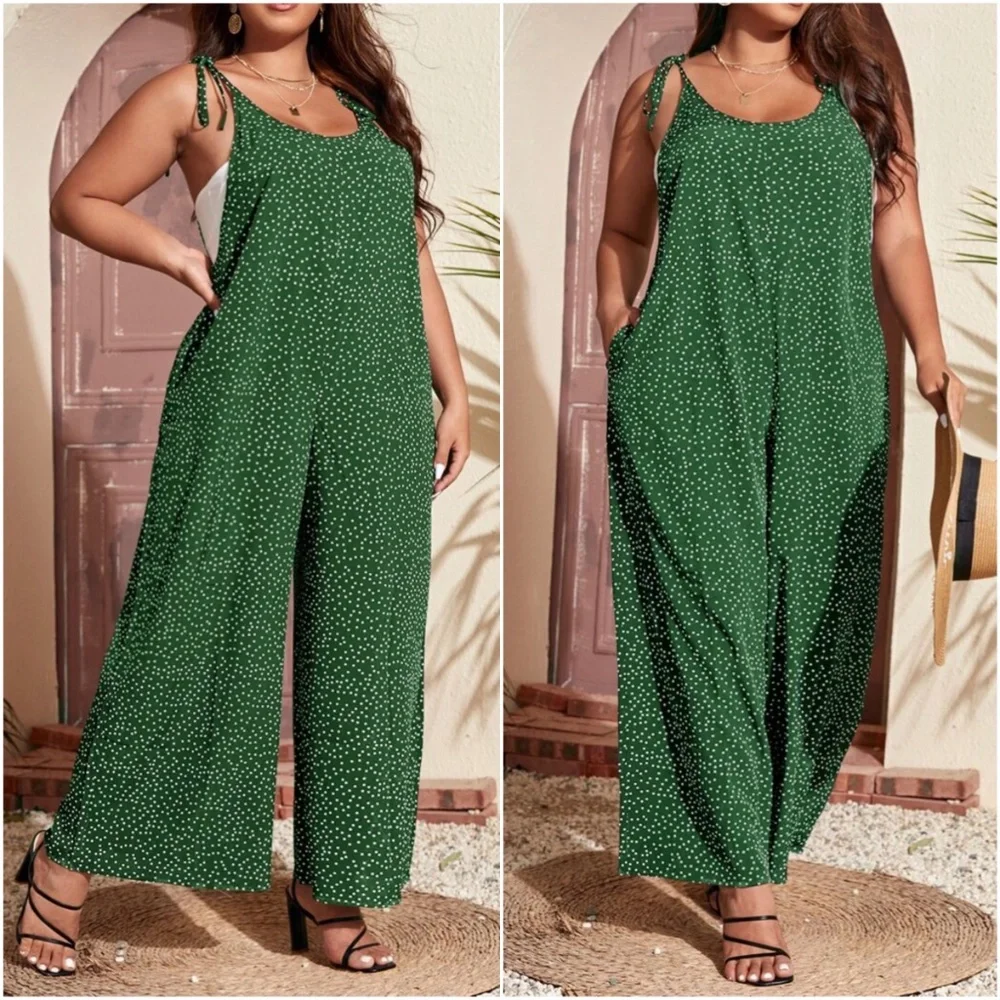 Boho Plus Polka Dot Pocket Wide leg Jumper Jumpsuit - Picture 2 of 5